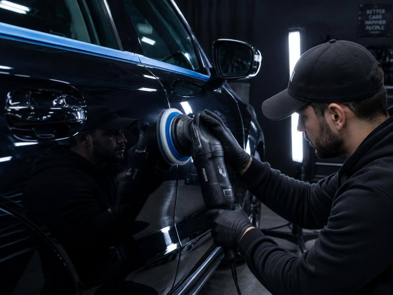 Detailer machine polishing a dark car door
